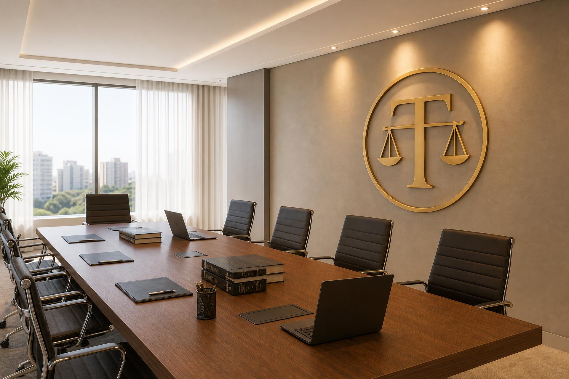 Sala de reuniões do escritório Advocacia Toninato com logo dourada na parede